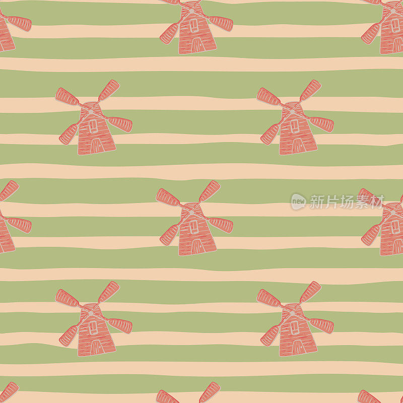 Architecture seamless pattern with pink doodle windmill ornament. Green striped background.